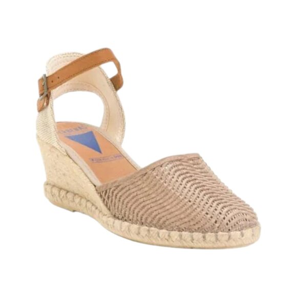 FUN VERBENAS Taupe Made In Spain Leather Ankle Strap Wedge Espadrille Heels